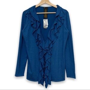 NEW Grace Elements Blue Ruffled‎ Trim Flyaway Cozy Plush & Chic Cardigan Sweater